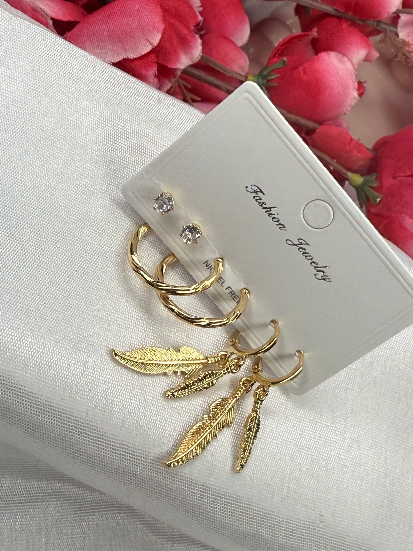 Feather Hoop Stone Earrings Set