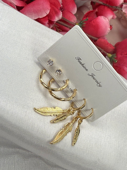 Feather Hoop Stone Earrings Set